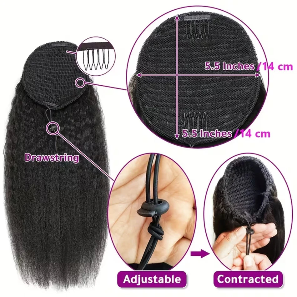 Kinky Straight Drawstring Ponytail — Yaki Clip-In, 12–24 Inch