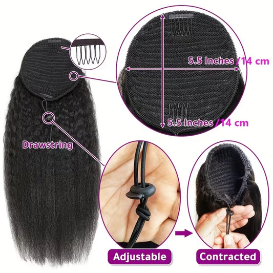 Kinky Straight Drawstring Ponytail — Yaki Clip-In, 12–24 Inch