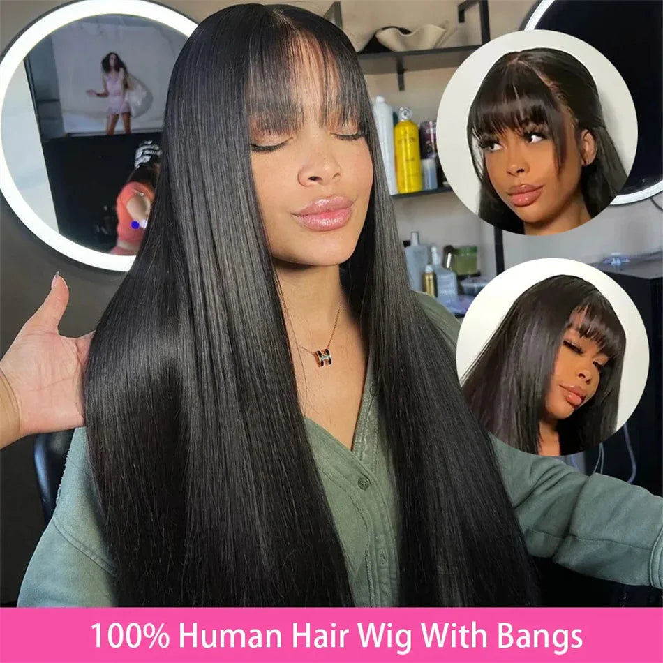 Silky Straight Wig with Bangs — Full Machine Made, Remy Hair
