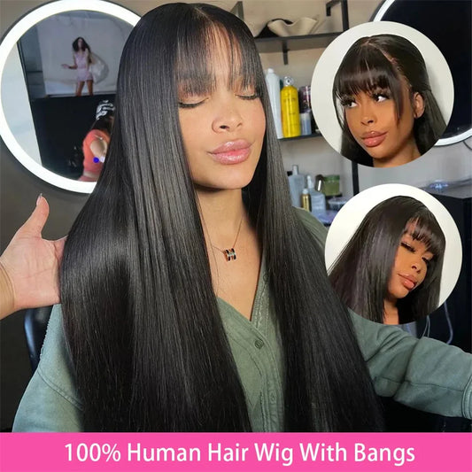 Silky Straight Wig with Bangs — Full Machine Made, Remy Hair