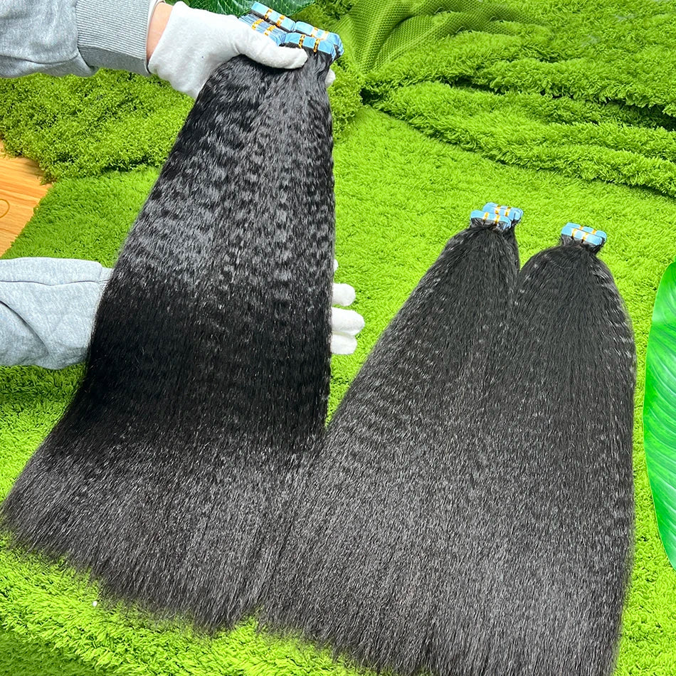 Kinky Straight Double Drawn Tape-Ins 100% Human Hair Extensions Seamless Invisible PU Tape 100grams #1B Natural Color Hair
