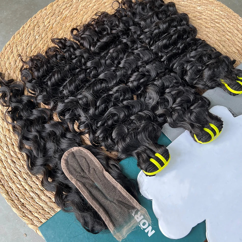 Double Drawn Water Wave Bundles With 2x6 HD Invisible Lace Closure 100% Human Hair Double Weft Virgin Hair Weaving Extensions