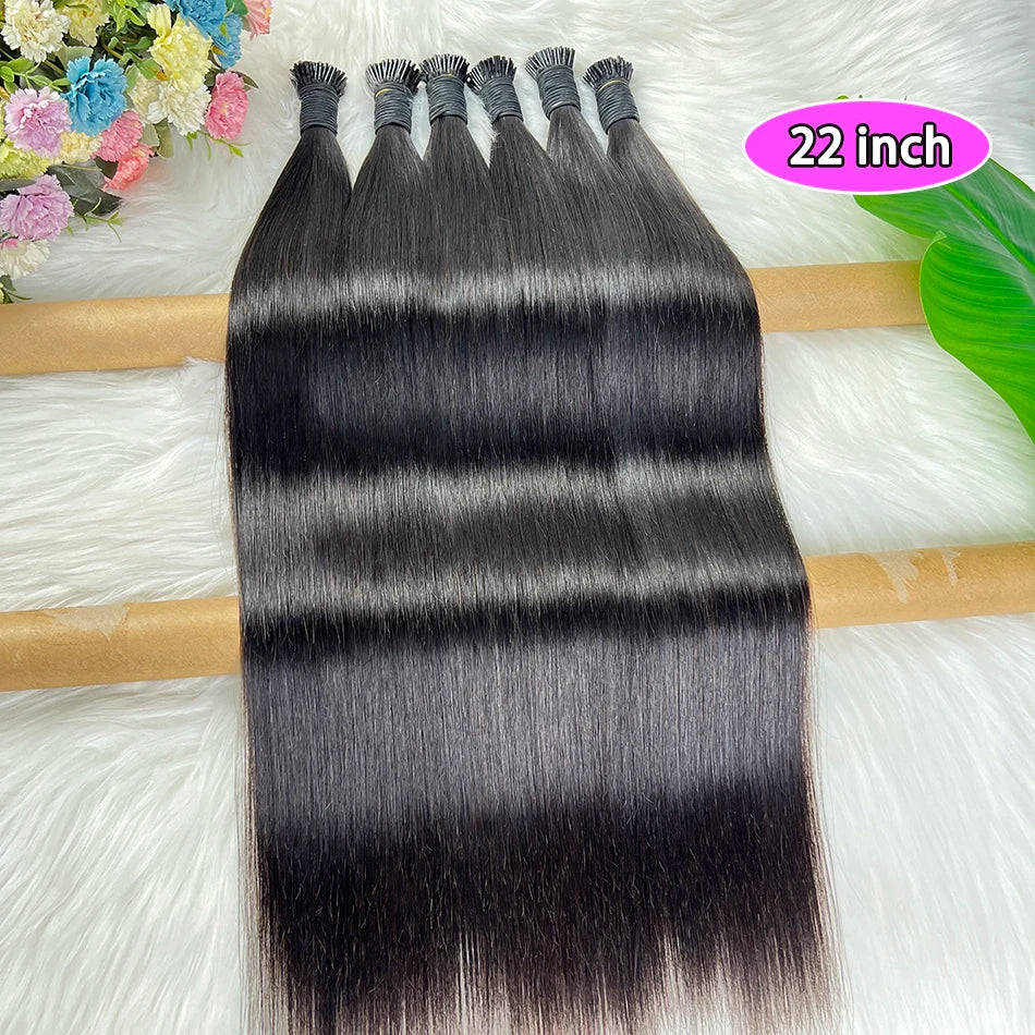 Straight Ponytail I-Tip Hair Extensions 100% Human Hair Genius Weft #1B Natural Black Color 100 Grams Vietnamese Virgin Hair