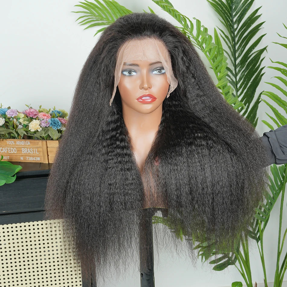 Kinky Straight 13x4 Transparent Lace Frontal Wigs Human Hair 200% Density #1B Natural Black Color Preplucked Lace Front Wig