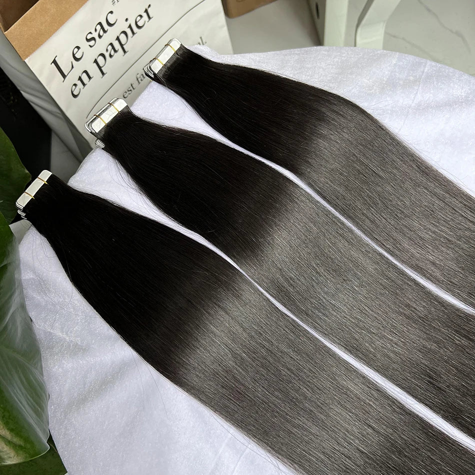 Straight PU Tape In Human Hair Extensions Inject Seamless Invisible Weft Hand Tied Adhesives Tape-Ins #1B Natural 100grams Hair