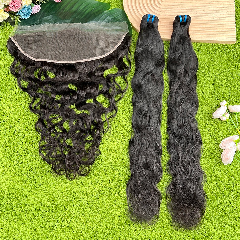 18A Natural Wave Hair Bundles With 13x4 HD Lace Frontal #1B Natural Black Color 100% Raw Virgin Human Hair Weave Extensions