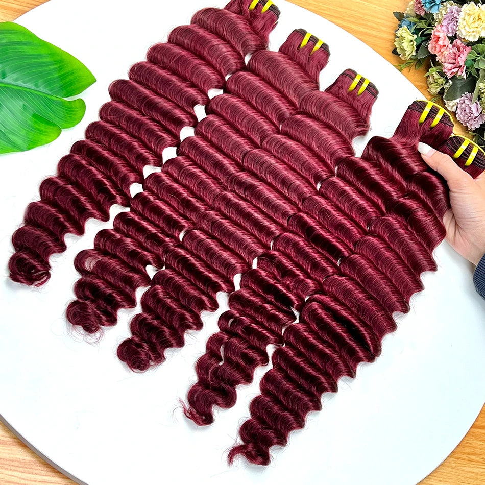Deep Wave #99j Burgundy Colored Human Hair Bundles 100% Virgin Vietnamese Curl Wavy Hair Weave Extensions 100 Grams Wholesale