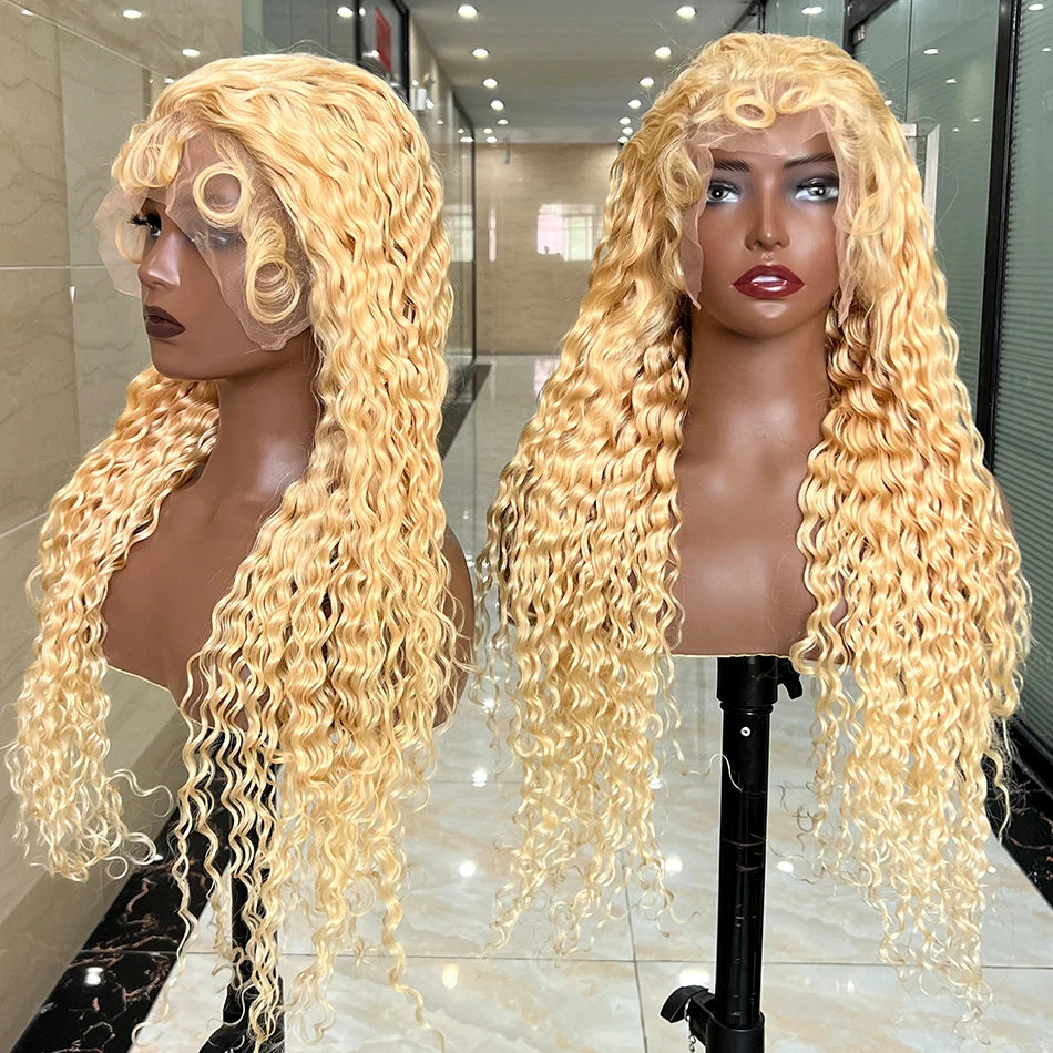 #613 Blonde Color Deep Curly 13x4 Transparent Lace Frontal 200% Density Human Hair Wigs Bleached Knots Preplucked With Baby Hair