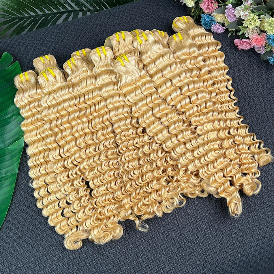 #613 Blonde Color Deep Wave Human Hair Bundles 100grams 18-26 Inch 1/2/3/4 Bundle Deal 100% Virgin Human Hair Weaving Extensions