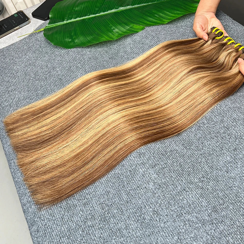 Double Drawn Straight Human Hair Bundles P4/27 Highlight Color Brown Honey Blonde 100% Virgin Hair Weaving Extensions For Women