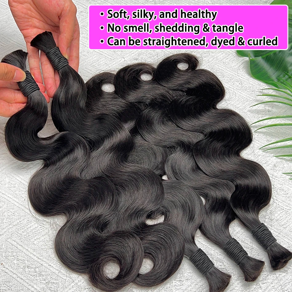 Body Wave Double Drawn Human Hair Bulk For Braiding Hair Extensions #1B Natural Black Color No Weft Raw Virgin Wavy Braids Hair