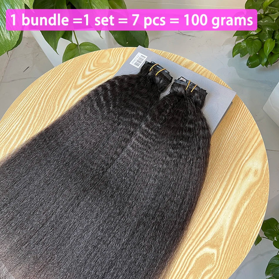 Kinky Straight PU Weft Seamless Clip ins Human Hair Extensions Invisible Unprocessed 100g 7Pcs/Set #1B Natural Color Long Hair