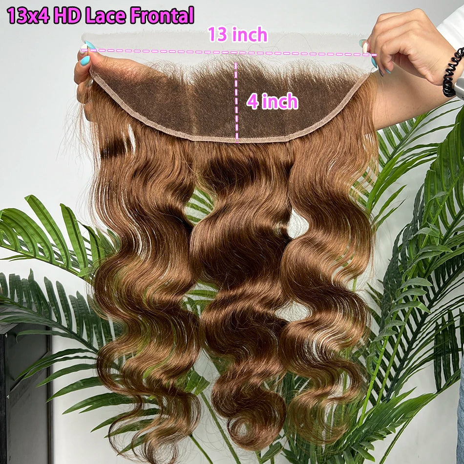 #4 Brown Color Body Wave 13x4 HD Lace Frontal Human Hair Preplucked Bleached Knots Melt Skin Invisible Lace 100% Human Hair