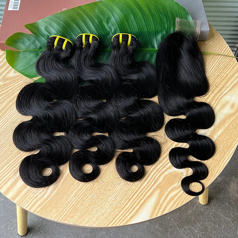 Body Wave Human Hair Bundles With 2x6 Real HD Lace Closure Natural Color 100% Raw Virgin Human Hair Weave Extensions For Women