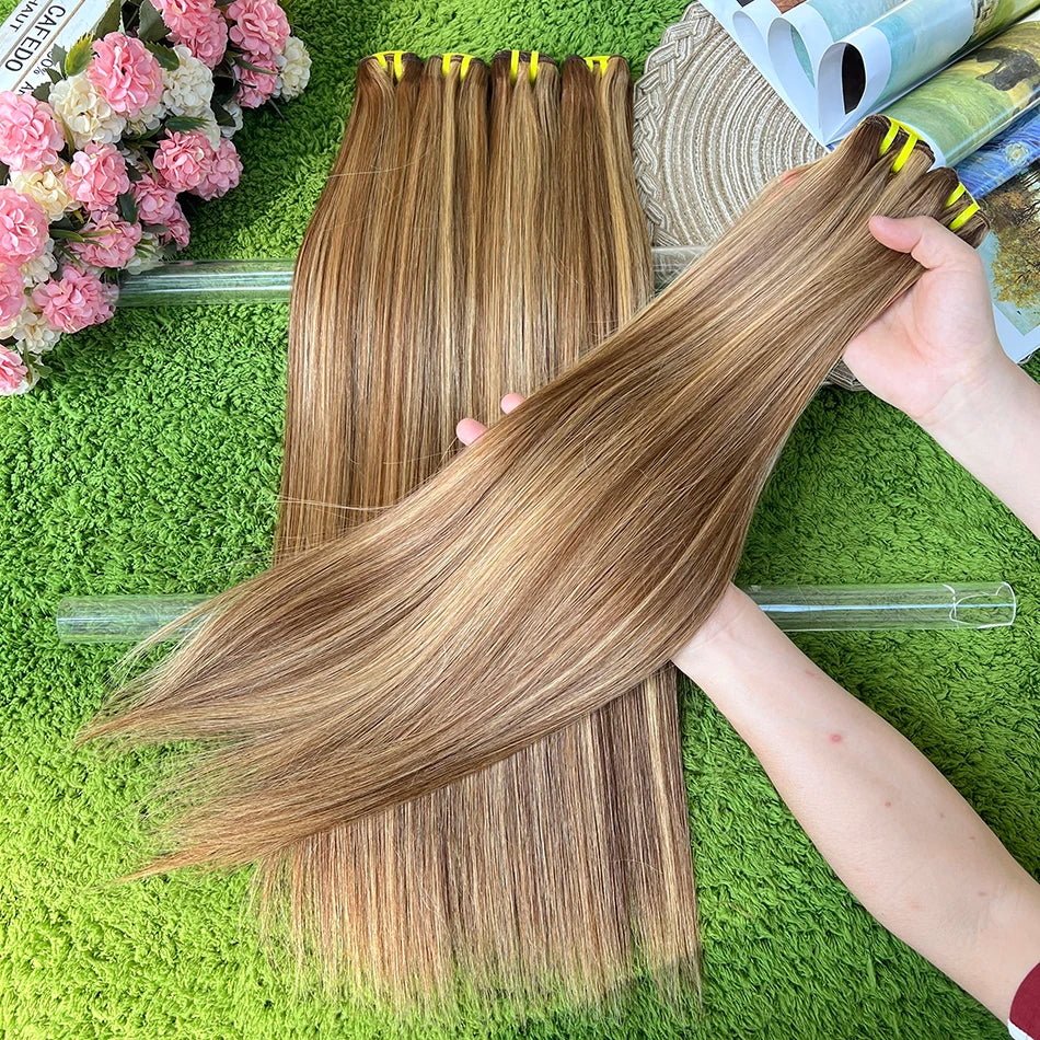 Highlight Color P4/27 Straight Human Hair Bundles Honey Blonde Brown 100 Grams 100% Virgin Hair Weaving Extensions For Women