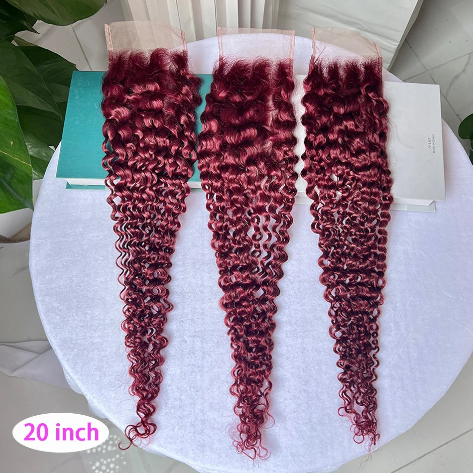#99j Burgundy Color Deep Curly 4x6 Inch Transparent Lace Closure Human Hair Melt Skin Invisible Bleached Knots Invisible Lace