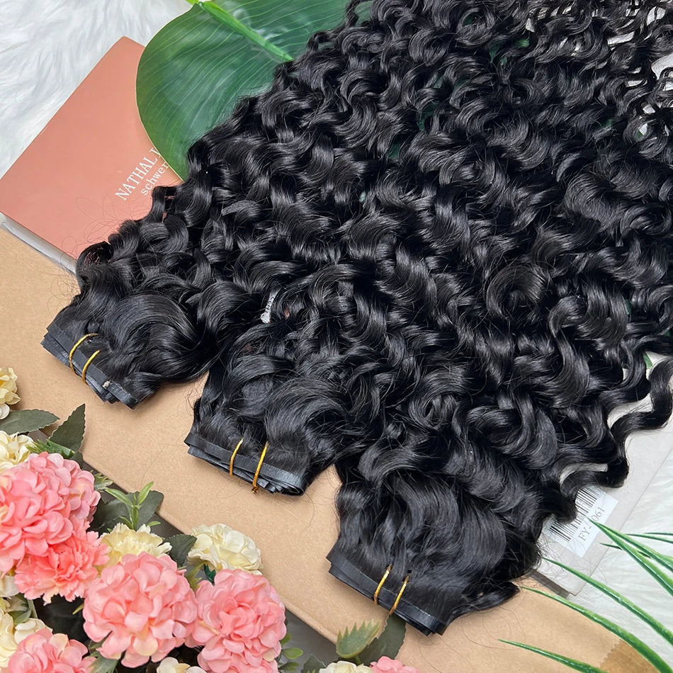 Water Wave Clips in Human Hair Extensions Seamless PU Weft Invisible 100grams 7Pcs/Set Full Unprocessed Raw Hair Natural Color