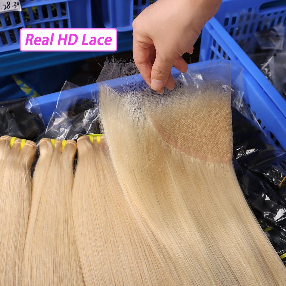 Blonde #613 Color Human Hair Bundles With 4x4 HD Lace Closure 13x4 Frontal Straight Unprocessed Raw Vietnamese Weave Extensions