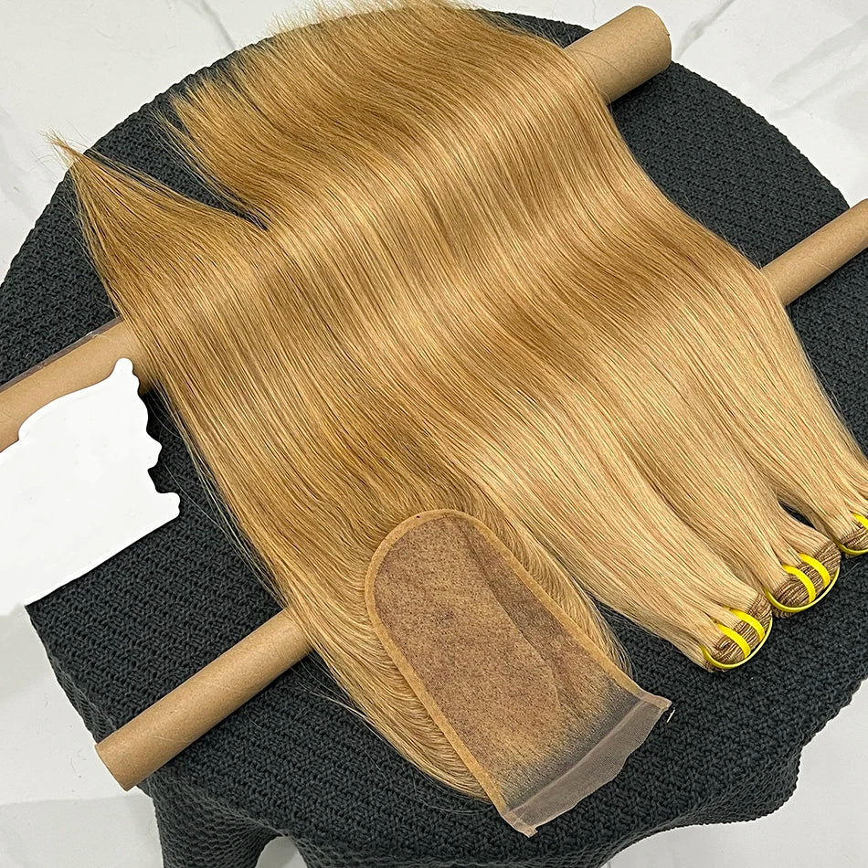 #27 Color Bundles With 4x6 Lace Closure Straight 100% Human Hair Preplucked Bleached Knots Transparent Lace Hair Weave Extension