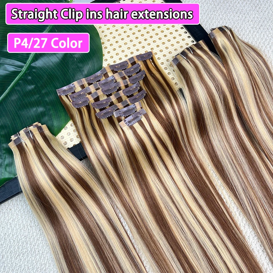 Straight P4/27 Highlight Color Clip ins Human Hair Extensions 100 Grams 7Pcs/Set Seamless PU Weft Clips in Vietnamese Human Hair