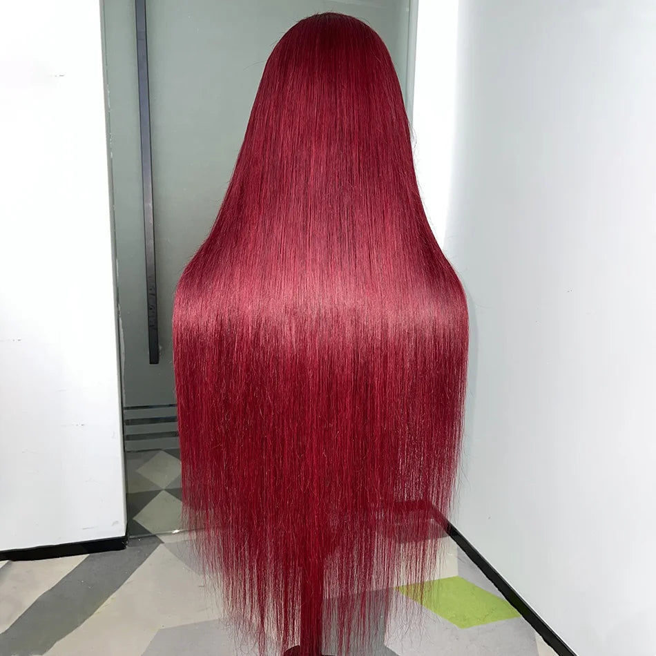#99J Burgundy Color 13x4 Lace Frontal Wigs 200% Density Human Hair Straight Transparent Lace Preplucked With Baby Hair For Women