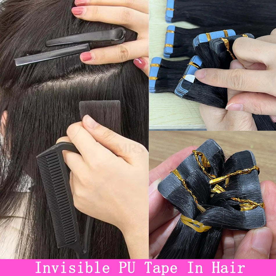 Straight PU Tape In Human Hair Extensions Inject Seamless Invisible Weft Hand Tied Adhesives Tape-Ins #1B Natural 100grams Hair