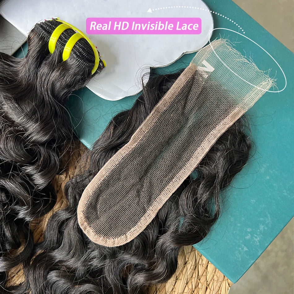 Double Drawn Water Wave Bundles With 2x6 HD Invisible Lace Closure 100% Human Hair Double Weft Virgin Hair Weaving Extensions