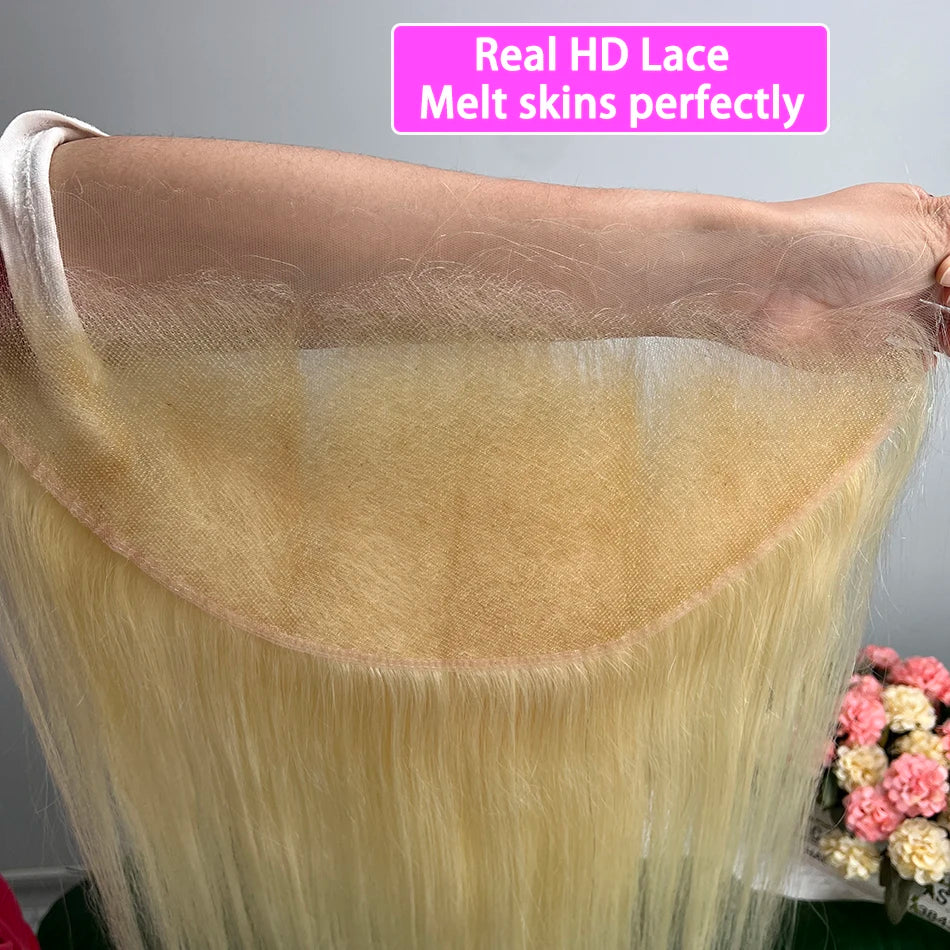 #613 Color Blonde 13x6 HD Lace Frontal Straight Real Human Hair Pre-Plucked Bleached Knots Melt Skin Invisible Lace For Women
