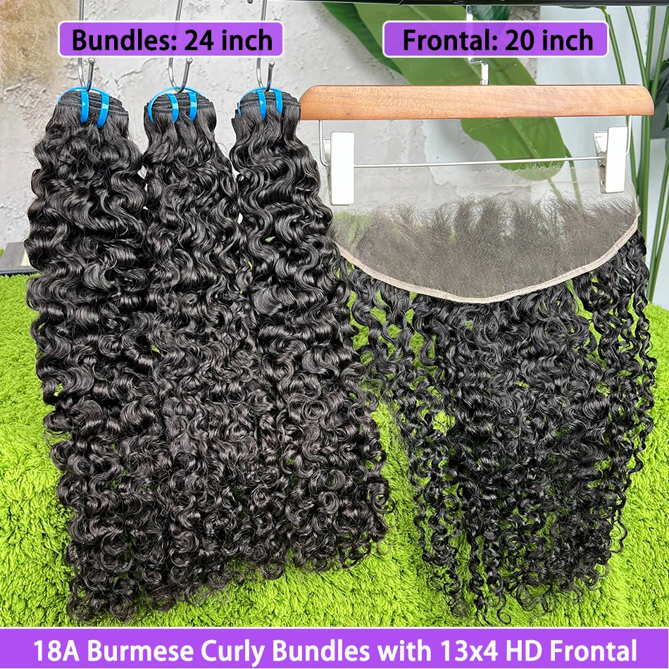18A Burmese Curly Bundles With 13x4 HD Lace Frontal #1B Natural Color 100% Human Hair Weave Extensions And Closure Bundle Deal