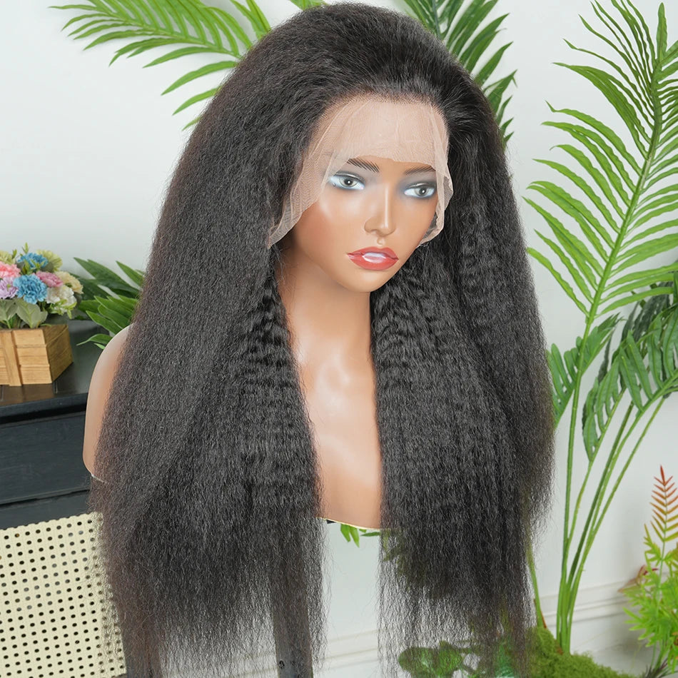 Kinky Straight 13x4 Transparent Lace Frontal Wigs Human Hair 200% Density #1B Natural Black Color Preplucked Lace Front Wig