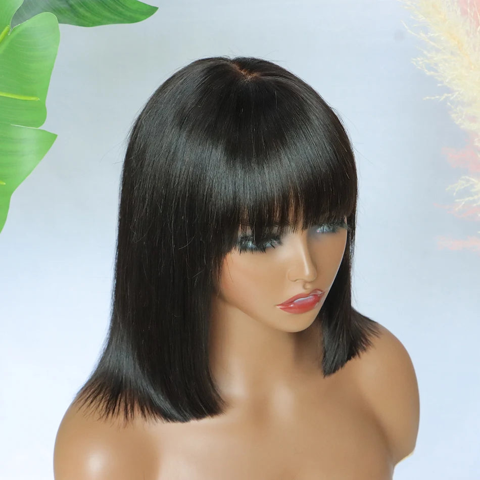 1x4 Lace Glueless Short Bob Wig With Bangs Fringe Straight Wigs Human Hair Bob With Bangs Realistic Scalp 200% Density For Women