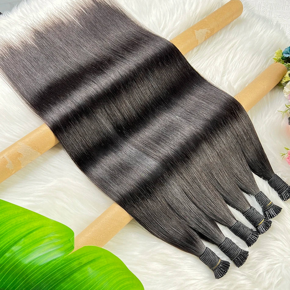 Straight Ponytail I-Tip Hair Extensions 100% Human Hair Genius Weft #1B Natural Black Color 100 Grams Vietnamese Virgin Hair