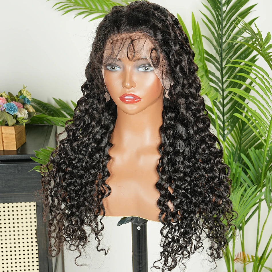 13x4 Transparent Lace Frontal Wigs Water Wave Human Hair 200% Density #1B Natural Black Color Preplucked Lace Front Wig