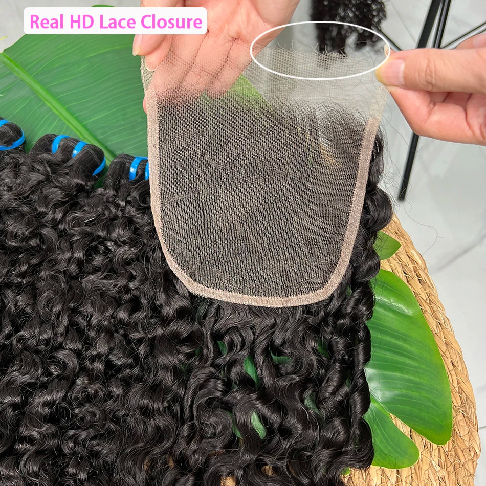 18A Burmese Curly Human Hair Bundles With 5x5 HD Lace Closure Invisible Melted All Color Skins #1B Color Hair Weave Extensions