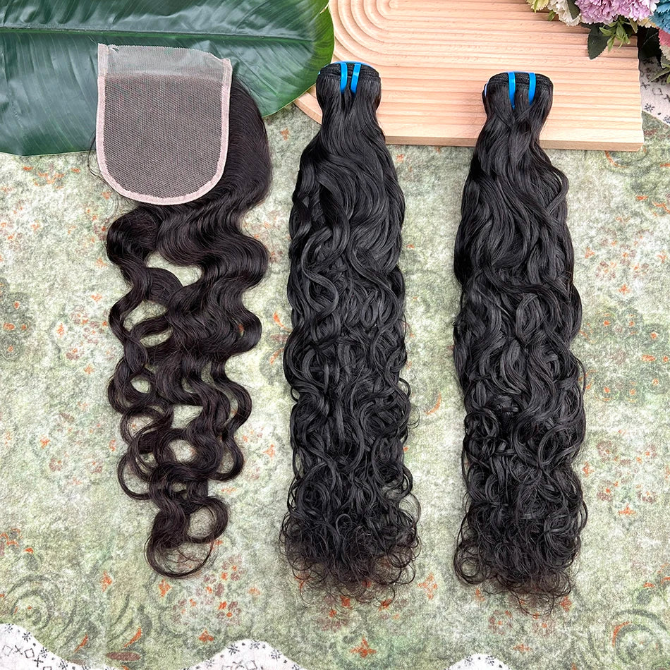 Human Hair Bundles With 4x4 Transparent Lace Closure 18A Natural Wave #1B Natural Black Color 100% Virgin Hair Weave Extensions