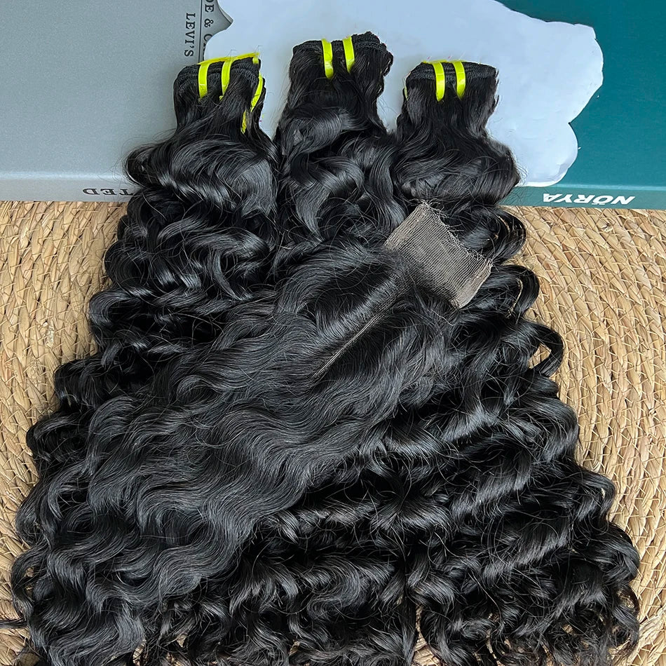 Double Drawn Water Wave Bundles With 2x6 HD Invisible Lace Closure 100% Human Hair Double Weft Virgin Hair Weaving Extensions