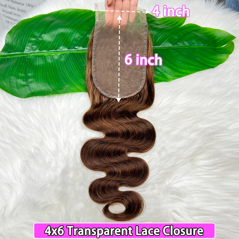 #4 Brown Color 4x6 Transparent Lace Closure Body Wave Human Hair Deep Parting Melt Skin Invisible Lace Raw Virgin Hair For Women