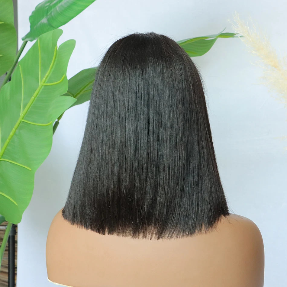 1x4 Lace Glueless Short Bob Wig With Bangs Fringe Straight Wigs Human Hair Bob With Bangs Realistic Scalp 200% Density For Women