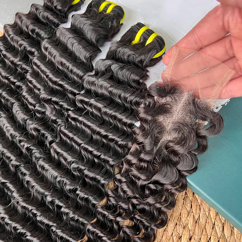 Double Drawn Deep Curly Hair Bundles With 2x6 Transparent Lace Closure Bleached Knots Lace 100% Raw Human Hair Weave Extensions