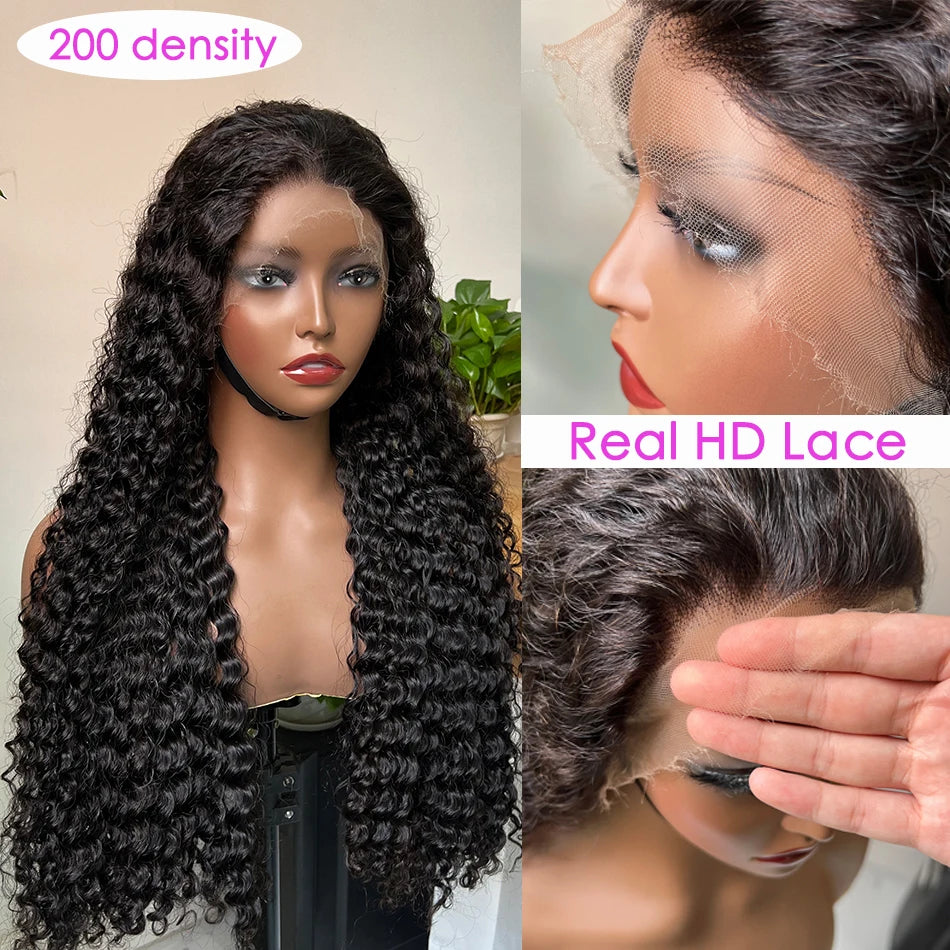 Double Drawn 4x4 HD Lace Closure Wig 13x4 Frontal Wig Deep Wave Human Hair Wigs Preplucked Curly Full #1B Natural Color Raw Hair