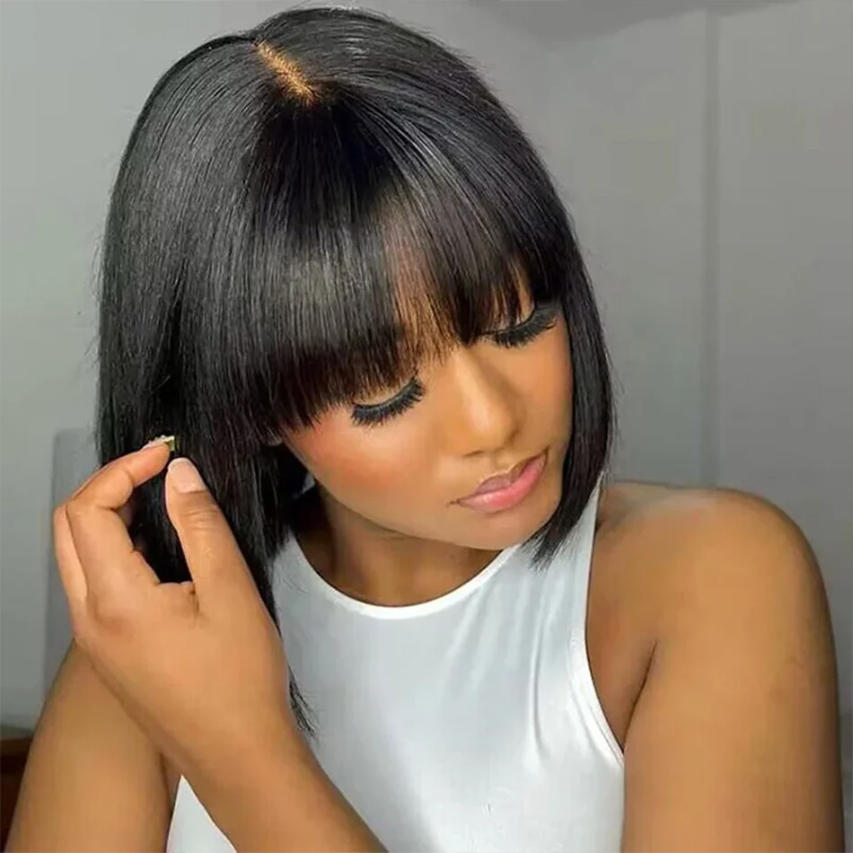 1x4 Lace Glueless Short Bob Wig With Bangs Fringe Straight Wigs Human Hair Bob With Bangs Realistic Scalp 200% Density For Women