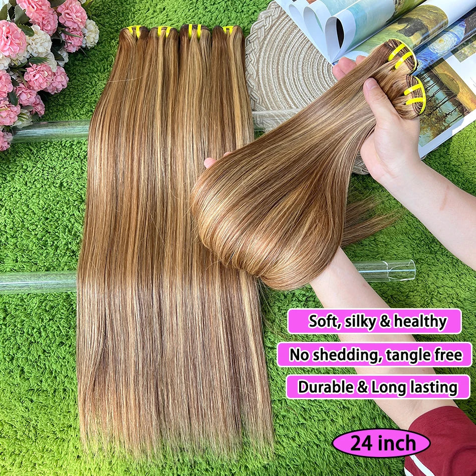 Highlight Color P4/27 Straight Human Hair Bundles Honey Blonde Brown 100 Grams 100% Virgin Hair Weaving Extensions For Women