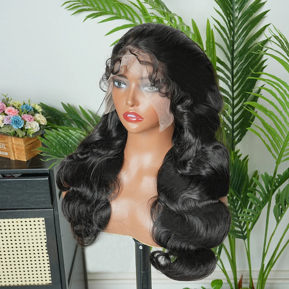 Body Wave 13x4 Transparent Lace Frontal Wigs 200 Density #1B Natural Color Human Hair Preplucked Bleached Knots Lace Front Wig