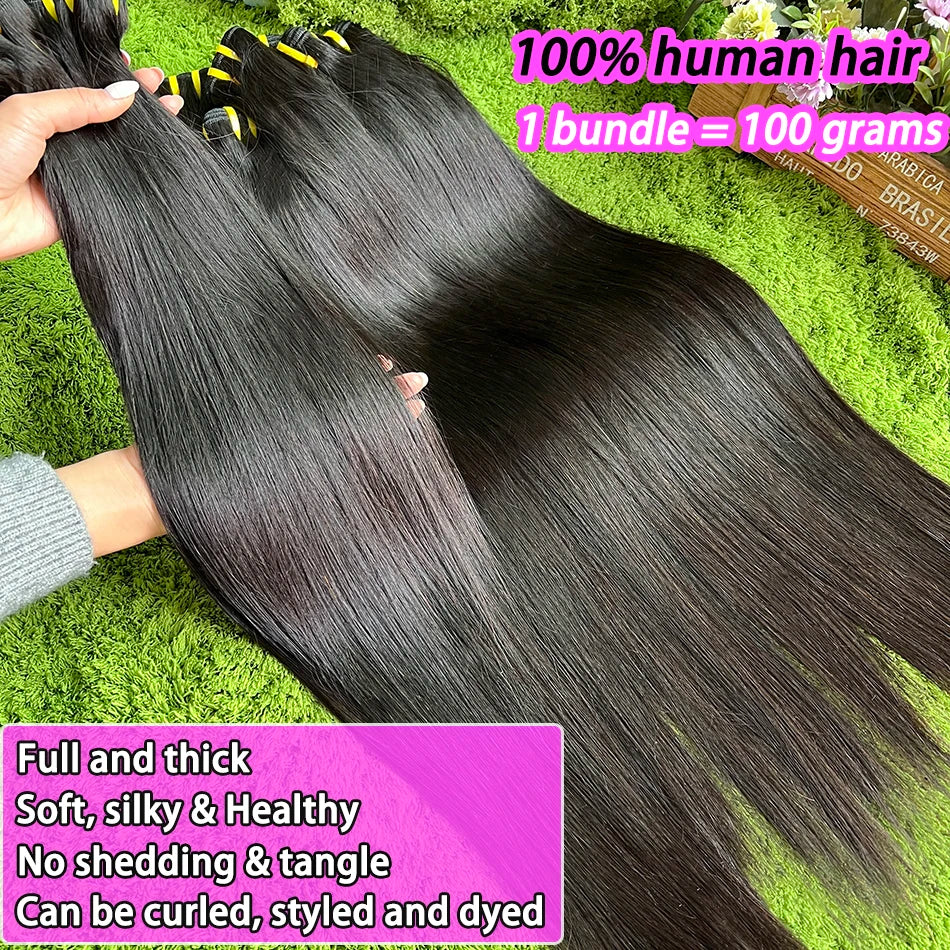 Straight 100% Human Hair Bundles Unprocessed Raw Virgin Hair Weave Extensions 10-36 Inch Double Weft 1B Natural Black Color Hair
