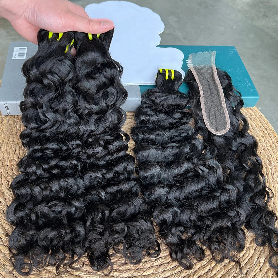 Double Drawn Water Wave Bundles With 2x6 HD Invisible Lace Closure 100% Human Hair Double Weft Virgin Hair Weaving Extensions