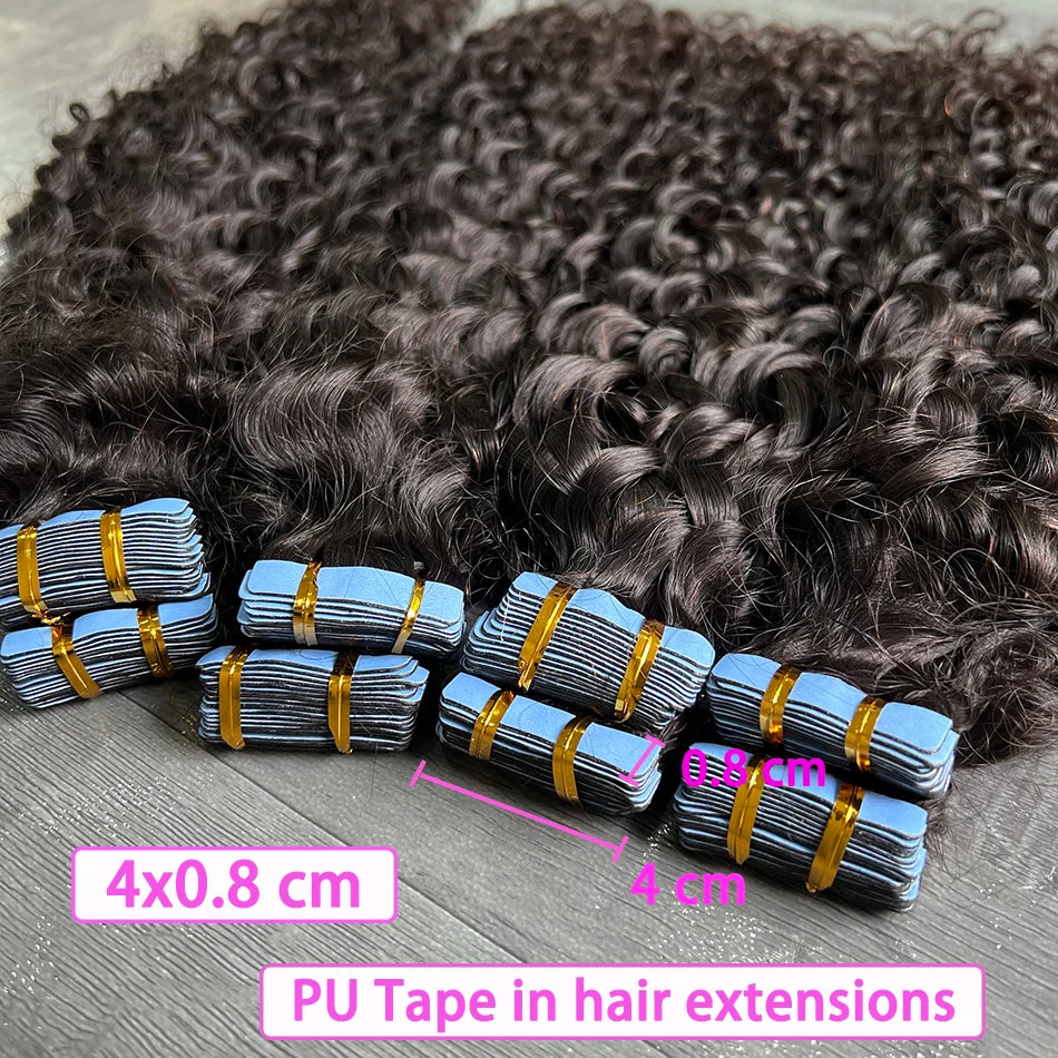PU Tape In Hair Extensions Deep Curly Human Hair 4x0.8 cm Seamless Weft Hand Tied Adhesives Tape-Ins 100grams Wavy Virgin Hair
