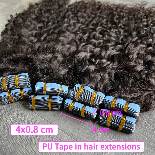 PU Tape In Hair Extensions Deep Curly Human Hair 4x0.8 cm Seamless Weft Hand Tied Adhesives Tape-Ins 100grams Wavy Virgin Hair