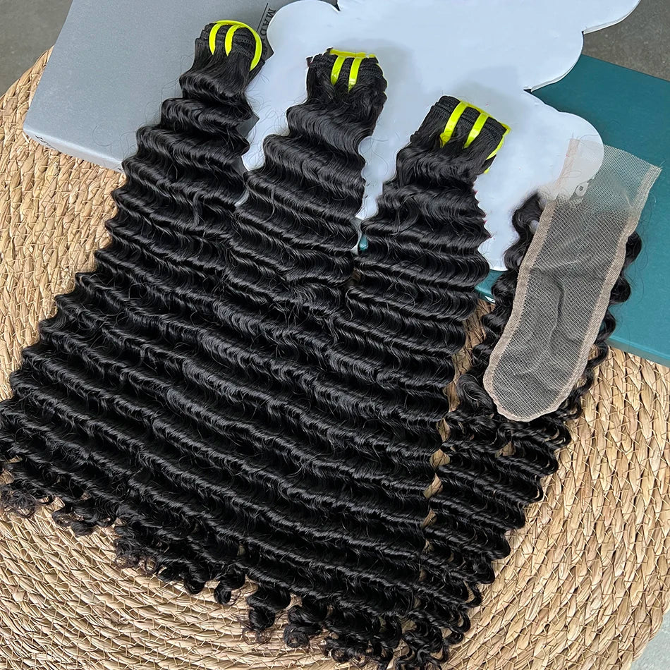 Double Drawn Deep Curly Hair Bundles With 2x6 Transparent Lace Closure Bleached Knots Lace 100% Raw Human Hair Weave Extensions