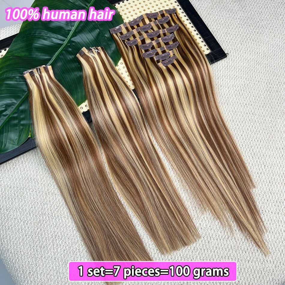 Straight P4/27 Highlight Color Clip ins Human Hair Extensions 100 Grams 7Pcs/Set Seamless PU Weft Clips in Vietnamese Human Hair