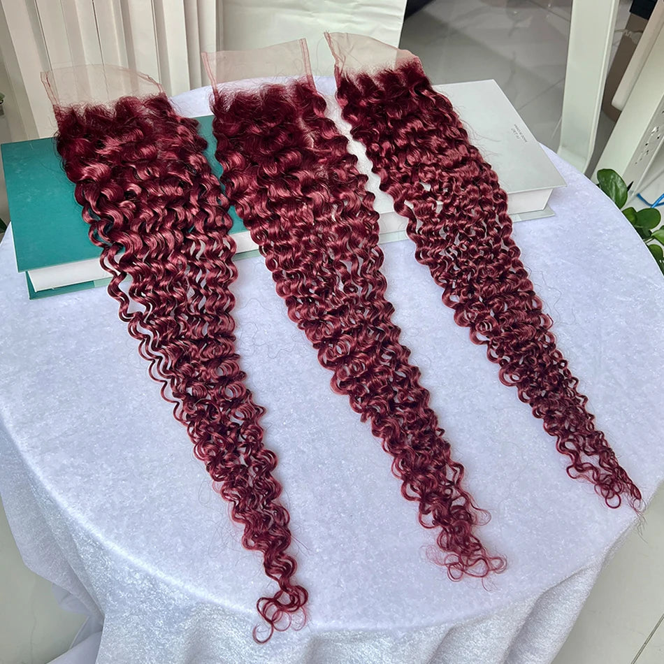 #99j Burgundy Color Deep Curly 4x6 Inch Transparent Lace Closure Human Hair Melt Skin Invisible Bleached Knots Invisible Lace